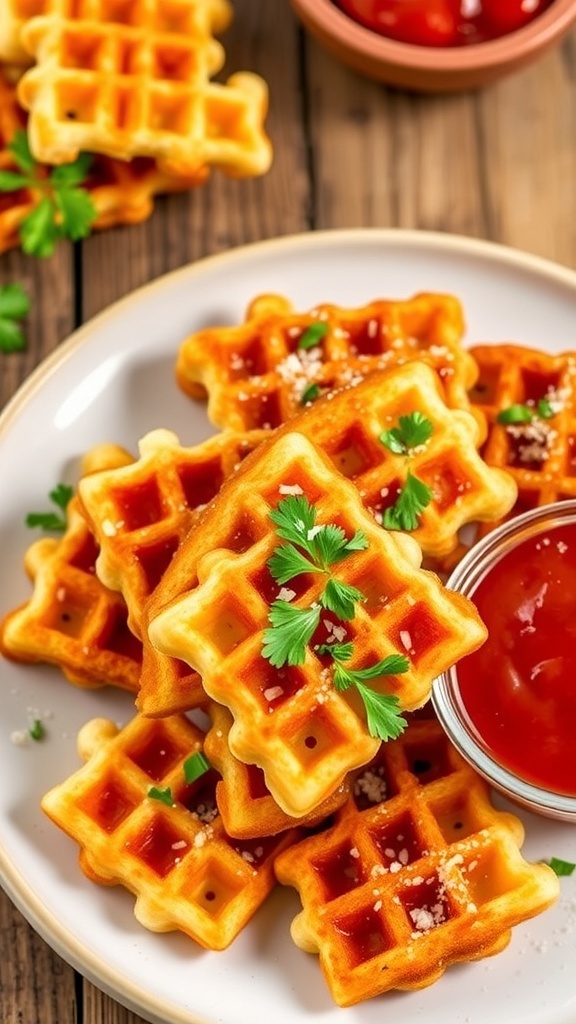 Golden garlic bread chaffles on a plate, garnished with parsley and Parmesan, with marinara sauce on the side.